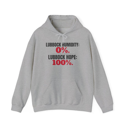 Sport grey hoodie with front pocket, hood drawstring, and "Humidity: 0%" print