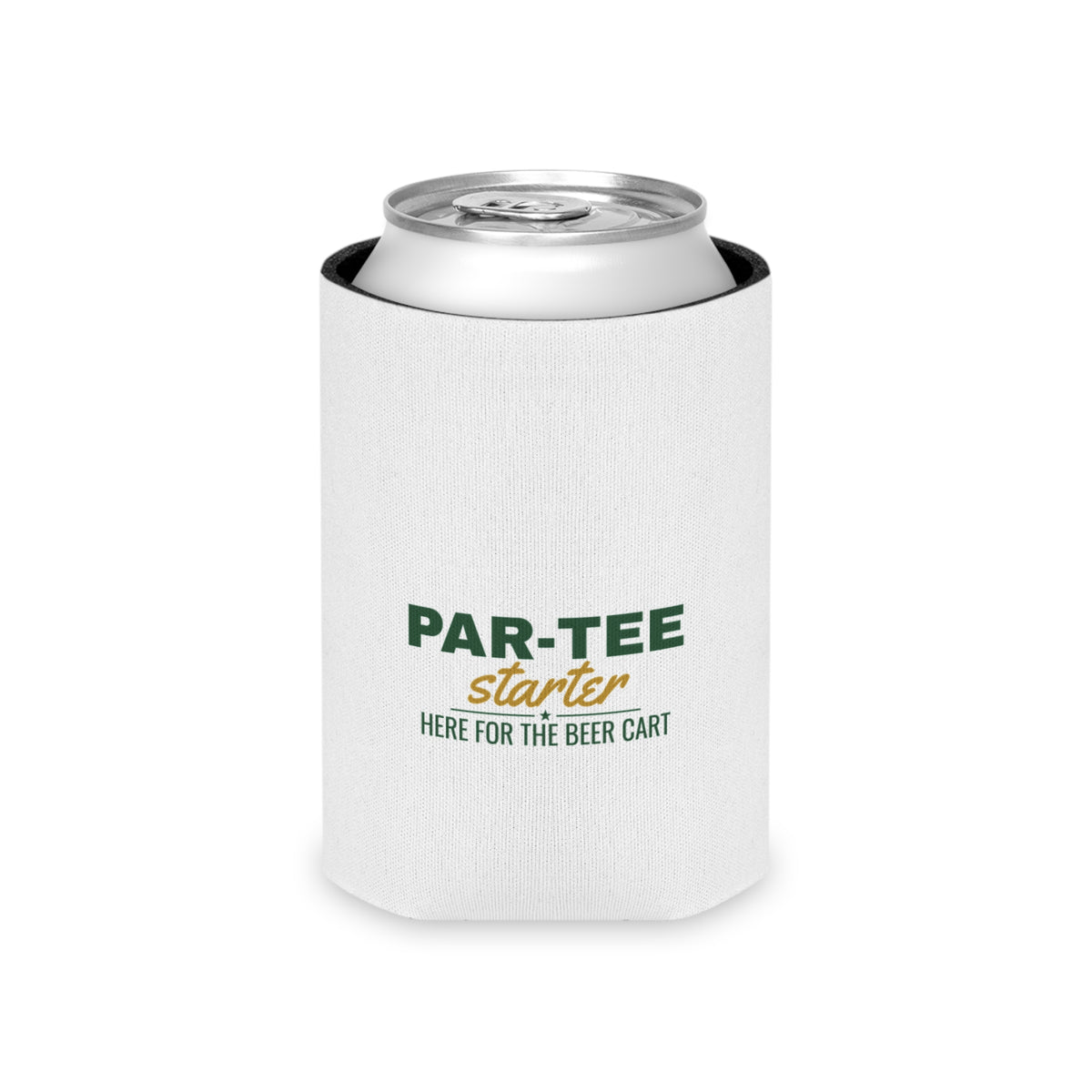 White can cooler koozie holding a silver-top can; PAR-TEE starter and 'Here for the beer cart'