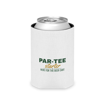 White can cooler koozie holding a silver-top can; PAR-TEE starter and 'Here for the beer cart'