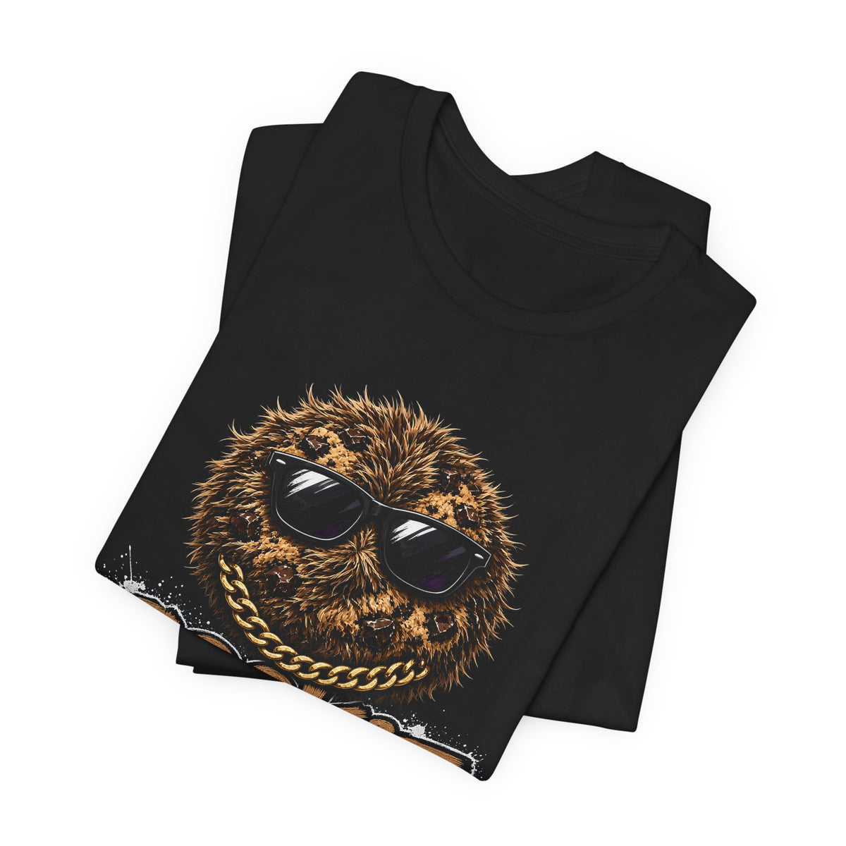 Black crewneck T-shirt laid flat, front graphic of cookie face with sunglasses and gold chain