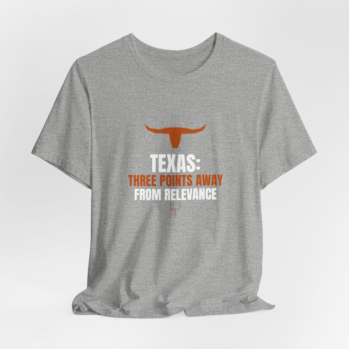 Heather gray graphic T-shirt with orange longhorn logo and 'TEXAS: Three Points Away' wording