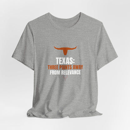 Heather gray graphic T-shirt with orange longhorn logo and 'TEXAS: Three Points Away' wording