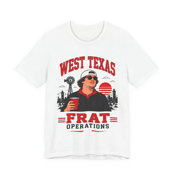 White graphic T-shirt with 'WEST TEXAS' and 'FRAT OPERATIONS' front print