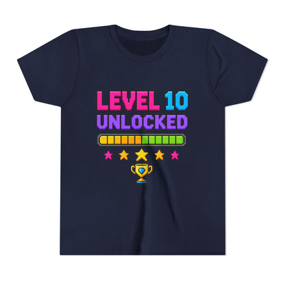 Navy kids crewneck tee with “LEVEL 10 UNLOCKED” graphic, stars, and trophy