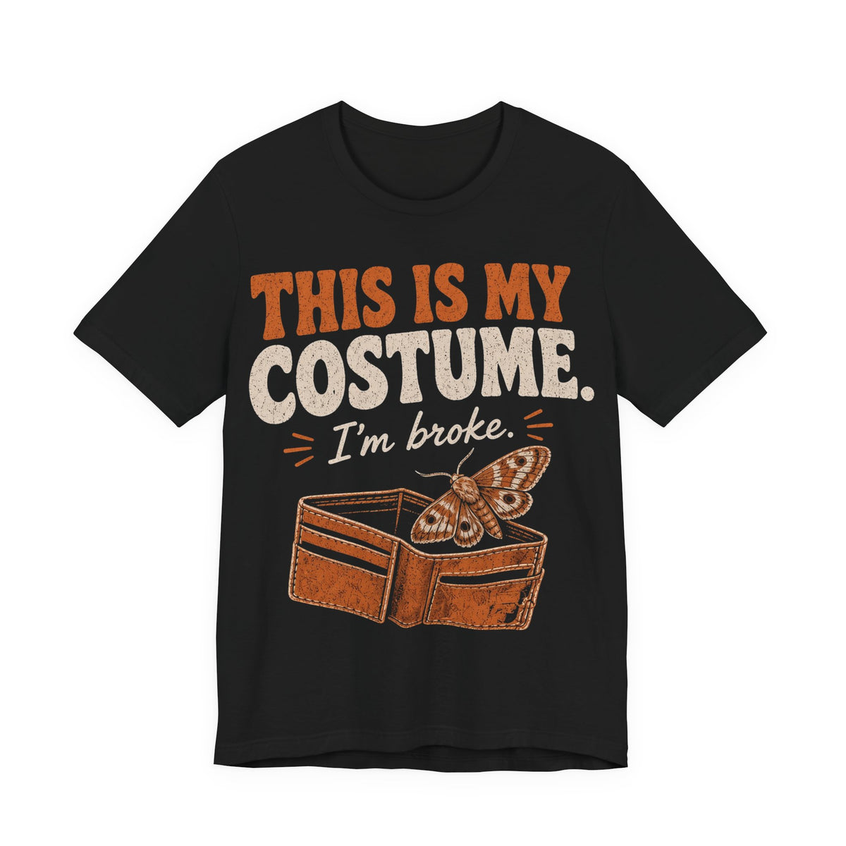 Black graphic tee with 'THIS IS MY COSTUME' and wallet/moth print