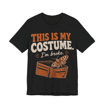 Black graphic tee with 'THIS IS MY COSTUME' and wallet/moth print