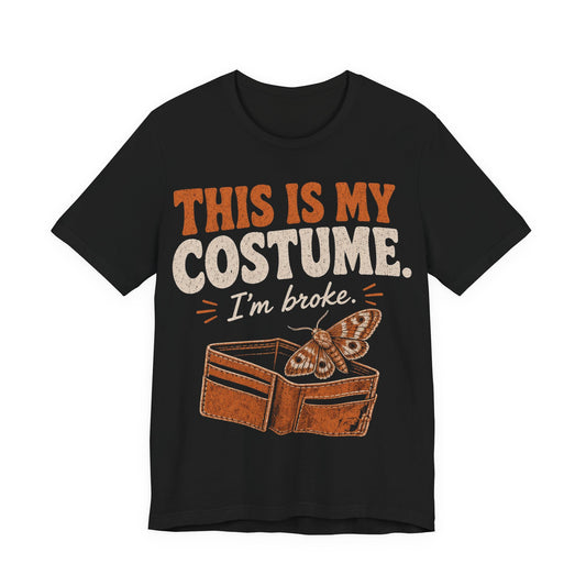 Black graphic tee with 'THIS IS MY COSTUME' and wallet/moth print