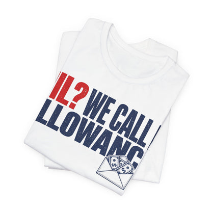 Folded white crewneck tee with large diagonal red/blue slogan graphic and envelope cash icon