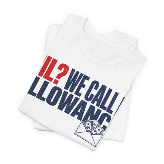 Folded white crewneck tee with large diagonal red/blue slogan graphic and envelope cash icon