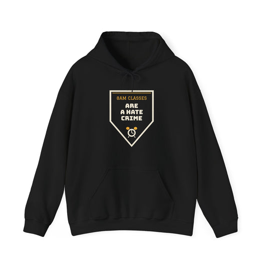 Black pullover hoodie with front shield graphic and drawstring hood