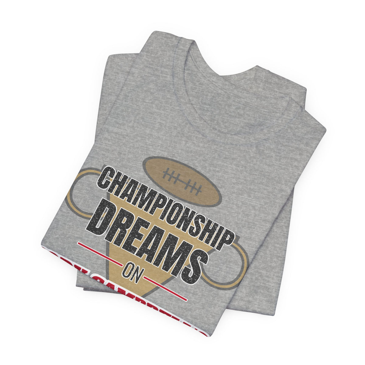 Athletic heather graphic T-shirt stacked pair with football-helmet 'Championship Dreams' logo