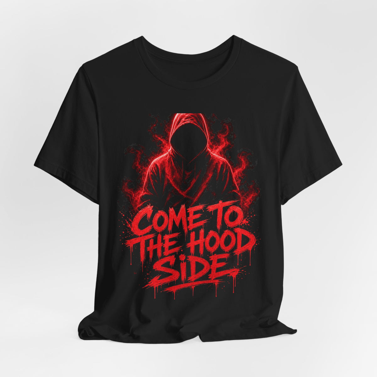 Black crew-neck graphic T-shirt with red hooded figure and bold “COME TO THE HOOD SIDE” text