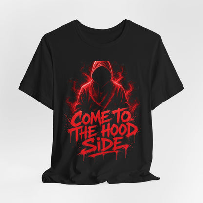 Black crew-neck graphic T-shirt with red hooded figure and bold “COME TO THE HOOD SIDE” text