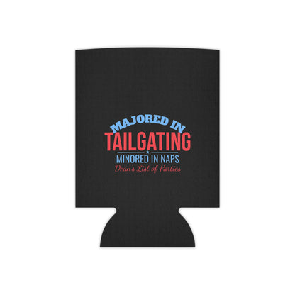 Black can cooler with cutout base, “Majored in Tailgating” red and blue text
