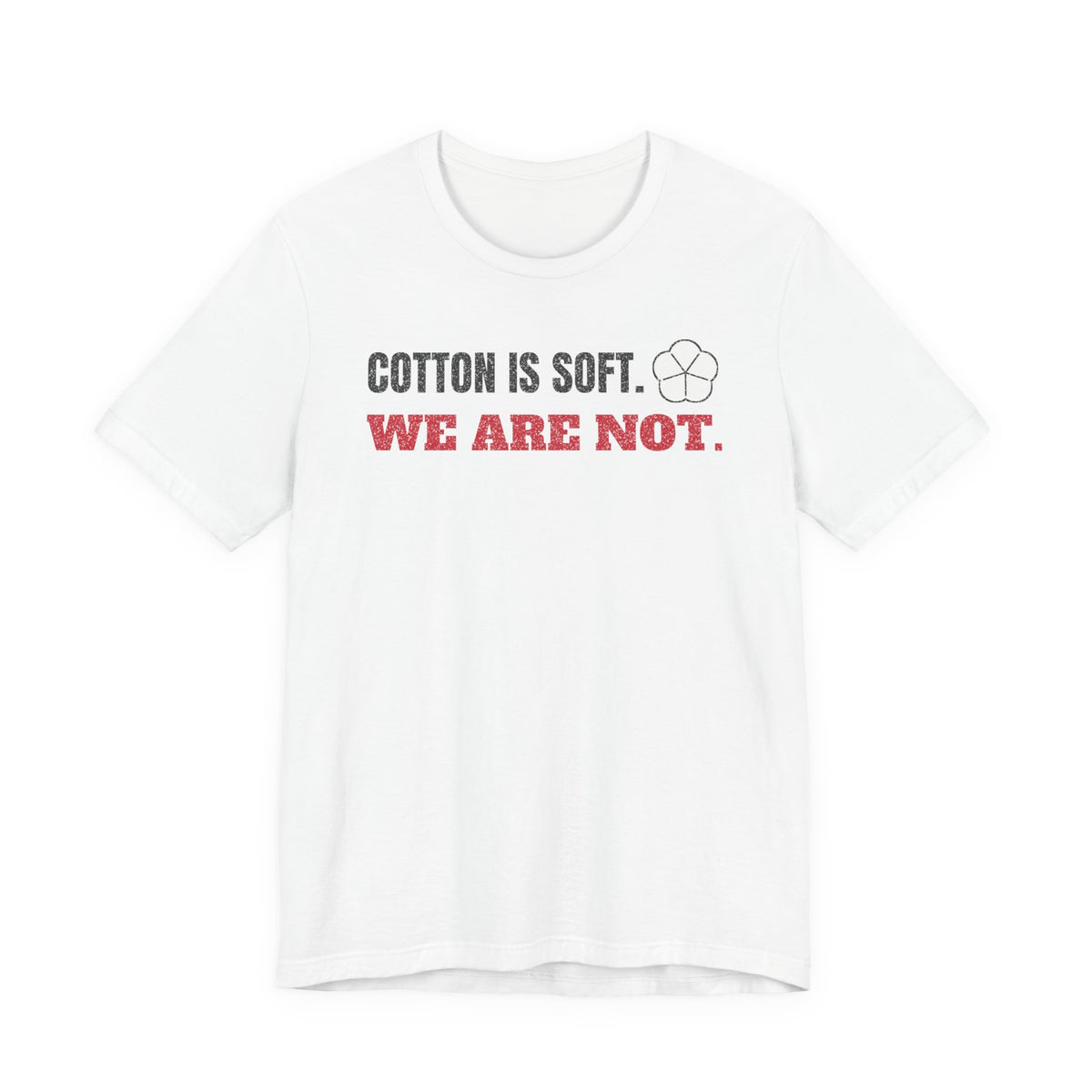 White cotton T-shirt with bold chest slogan and small fist icon graphic