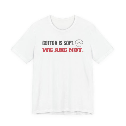 White cotton T-shirt with bold chest slogan and small fist icon graphic