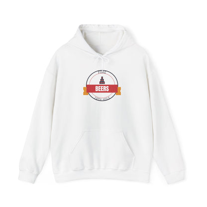 White college hoodie with front beer graphic and kangaroo pocket