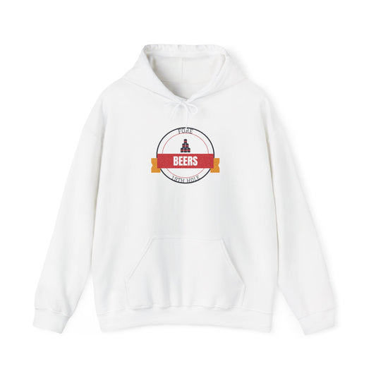 White college hoodie with front beer graphic and kangaroo pocket