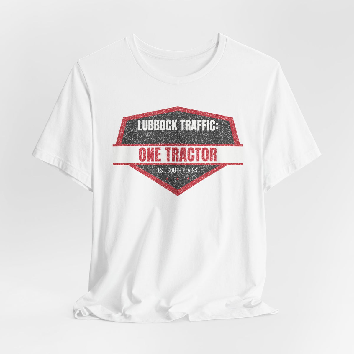 White crew-neck tee with red "One Tractor" graphic