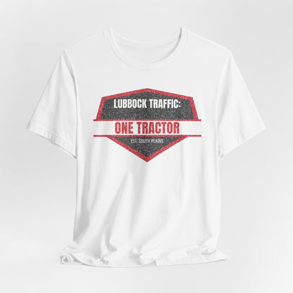 White crew-neck tee with red "One Tractor" graphic