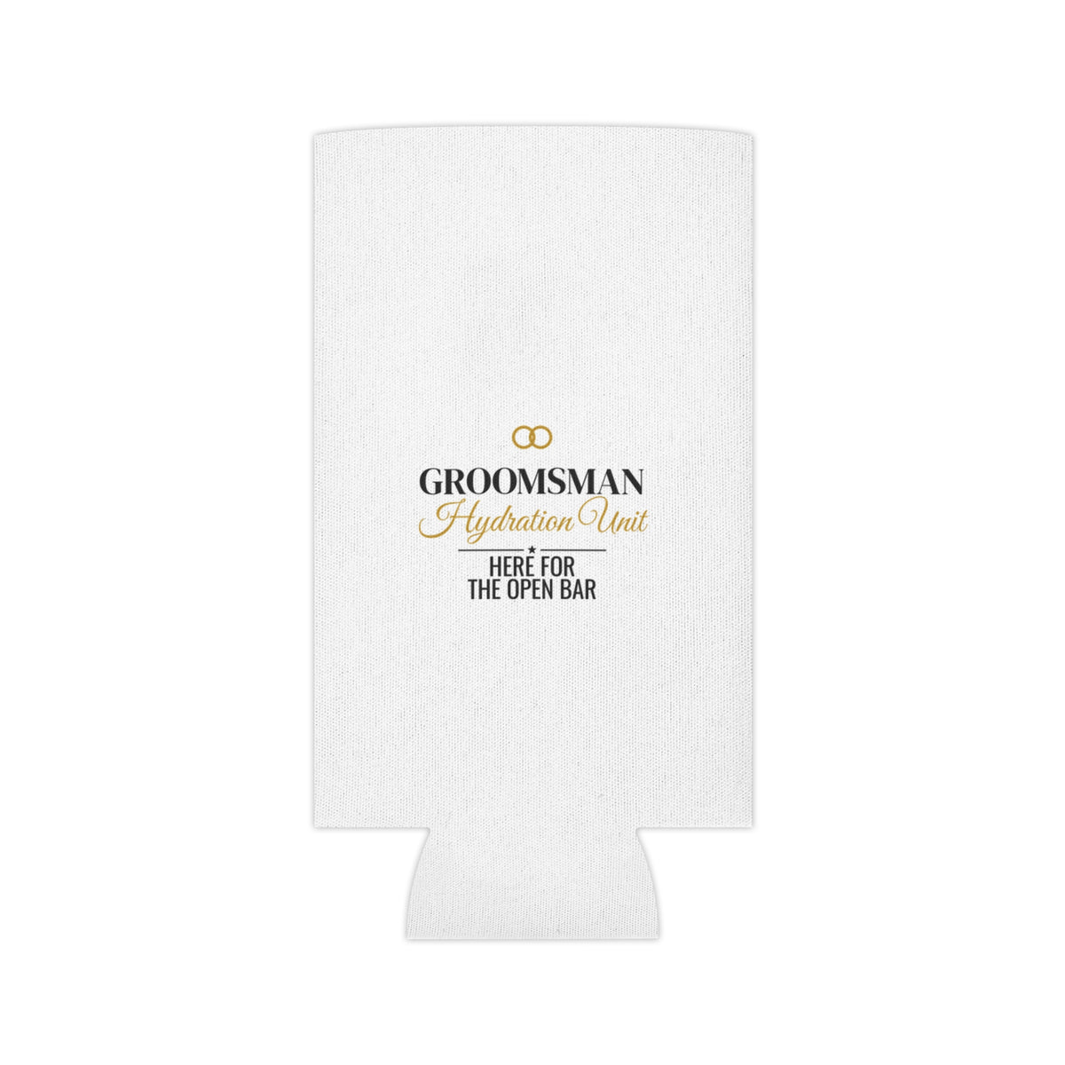 White koozie can holder with small gold emblem and “Groomsman Hydration Unit”