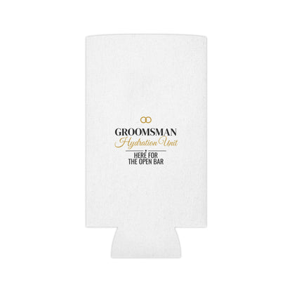 White koozie can holder with small gold emblem and “Groomsman Hydration Unit”