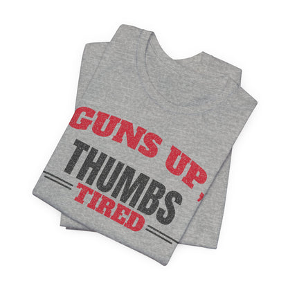 Athletic heather T-shirt stack with Guns Up Thumbs Tired red and black graphic
