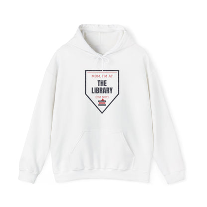 White college hoodie with front pouch pocket and Library graphic