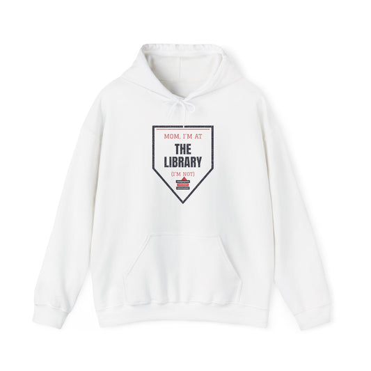 White college hoodie with front pouch pocket and Library graphic