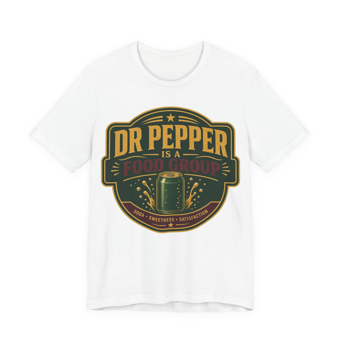 White crewneck T-shirt with Dr Pepper Food Group logo graphic on front
