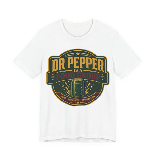 White crewneck T-shirt with Dr Pepper Food Group logo graphic on front