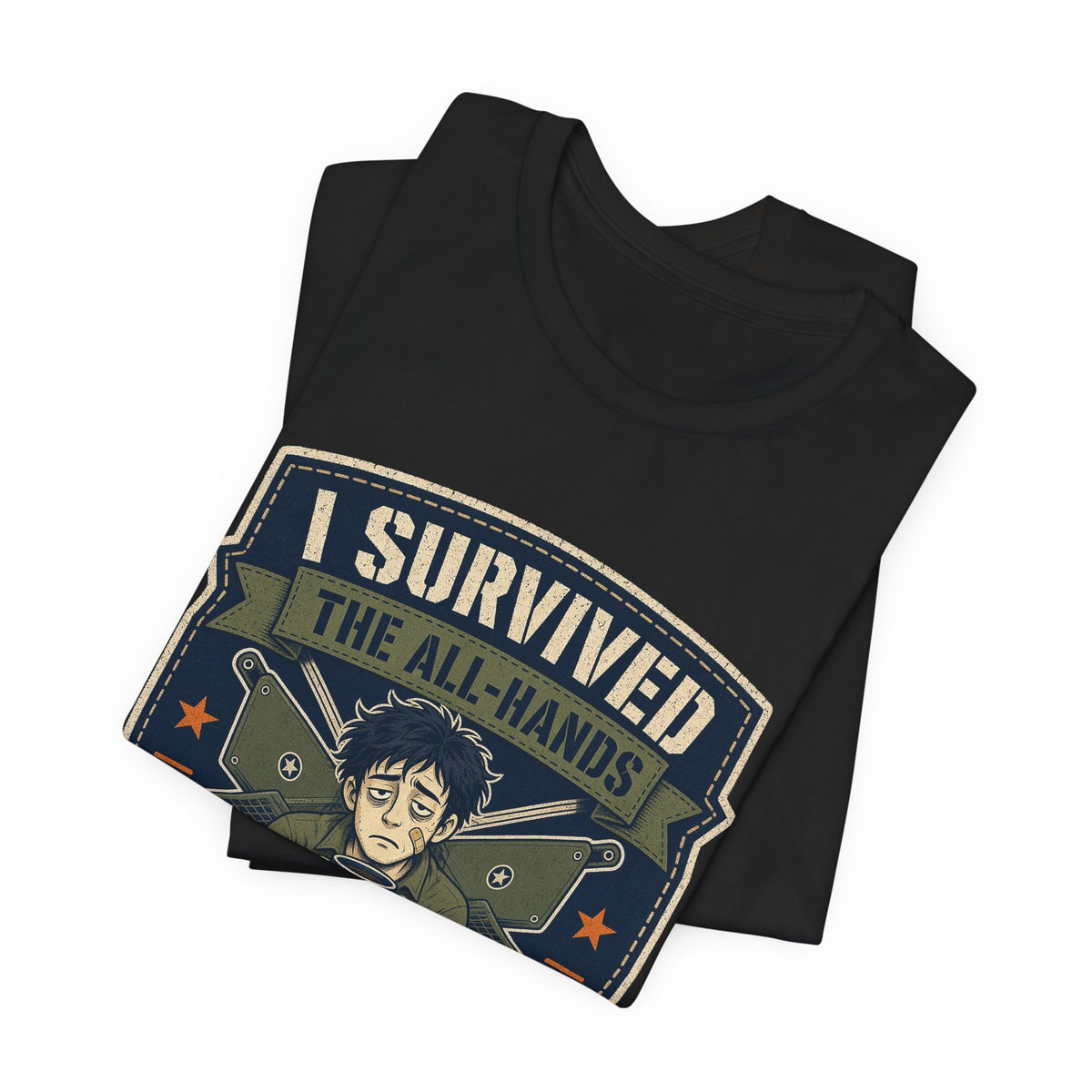 Black crewneck T-shirt showing “I Survived” meeting shield graphic on folded stack