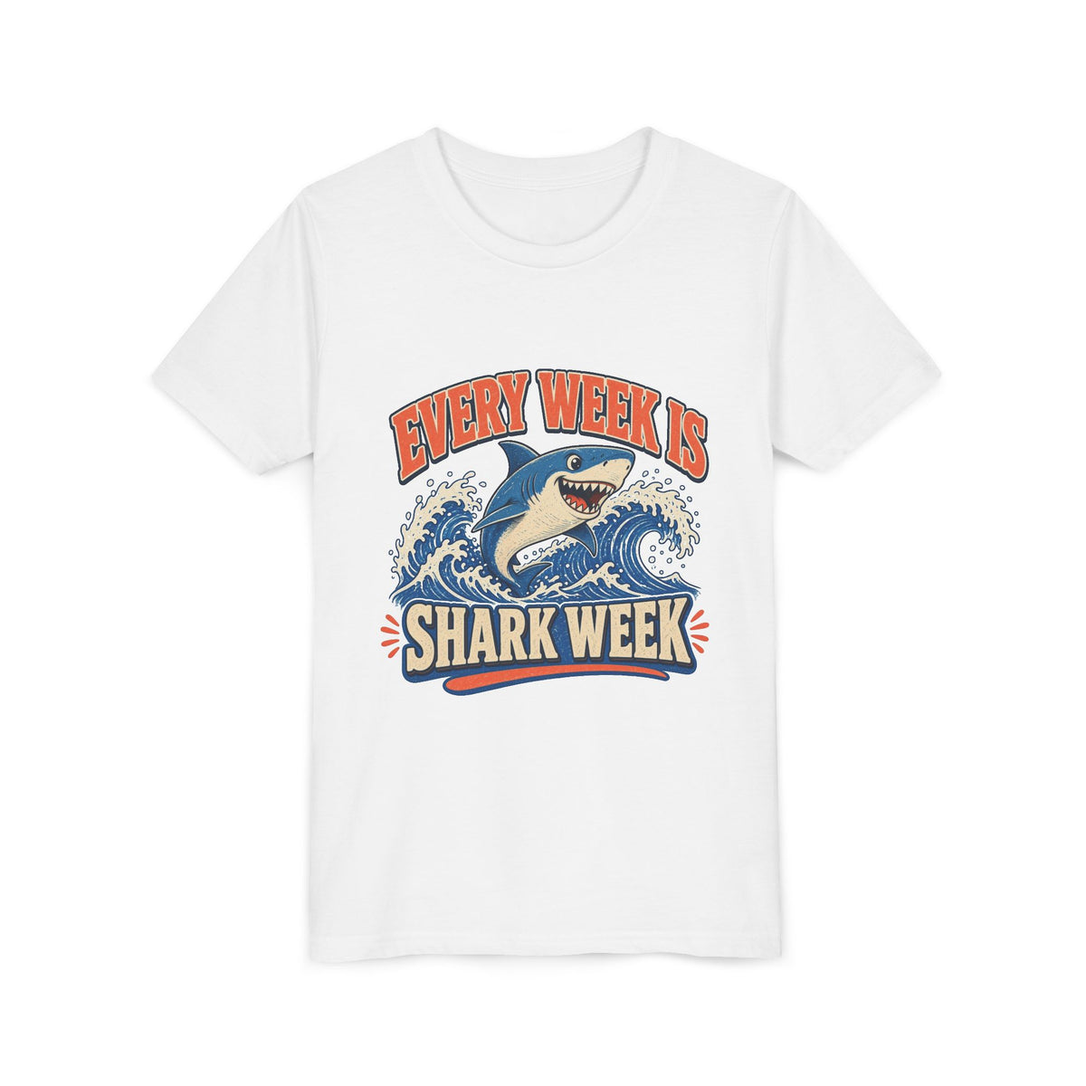 Kids graphic T-shirt, white, front with blue shark illustration and “Shark Week”
