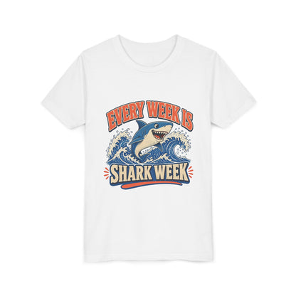 Kids graphic T-shirt, white, front with blue shark illustration and “Shark Week”