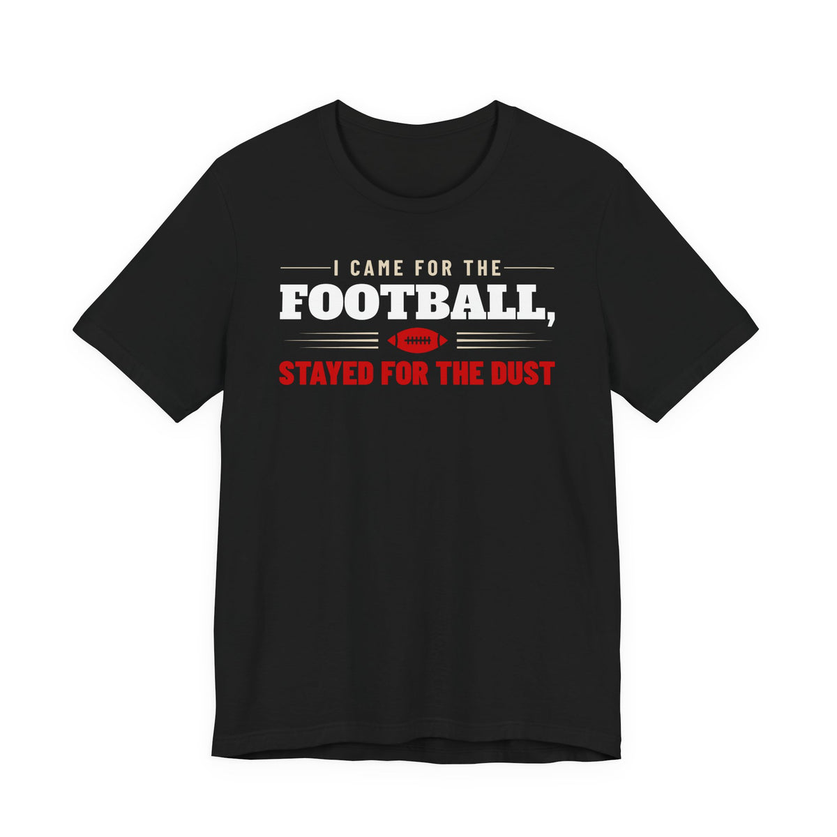 Black football graphic t-shirt with white and red text and a football icon