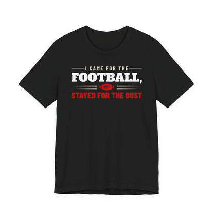 Black football graphic t-shirt with white and red text and a football icon