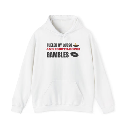 White pullover hoodie with front pocket, drawstring, and football-themed chest print.