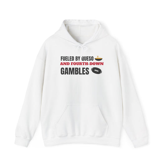 White pullover hoodie with front pocket, drawstring, and football-themed chest print.
