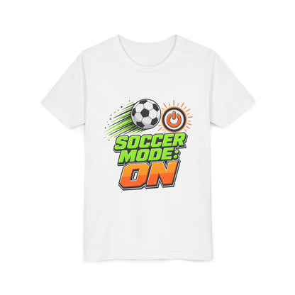 White kids T-shirt with centered "Soccer Mode: On" soccer graphic and orange text