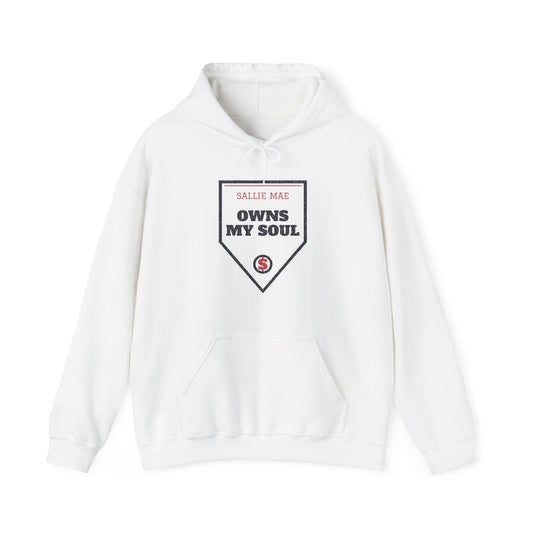 White pullover hoodie with front pocket, drawstring hood, and “Owns My Soul” graphic