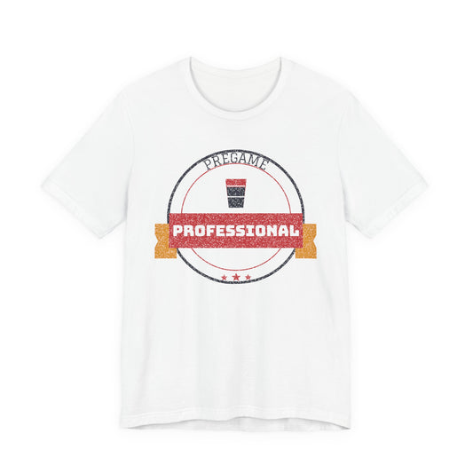 White funny college T-shirt with round 'Pregame Professional' graphic