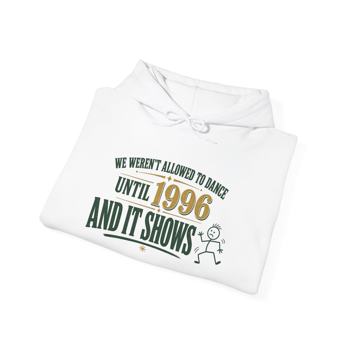 White hoodie folded with large 'Until 1996' text and dancing figure print