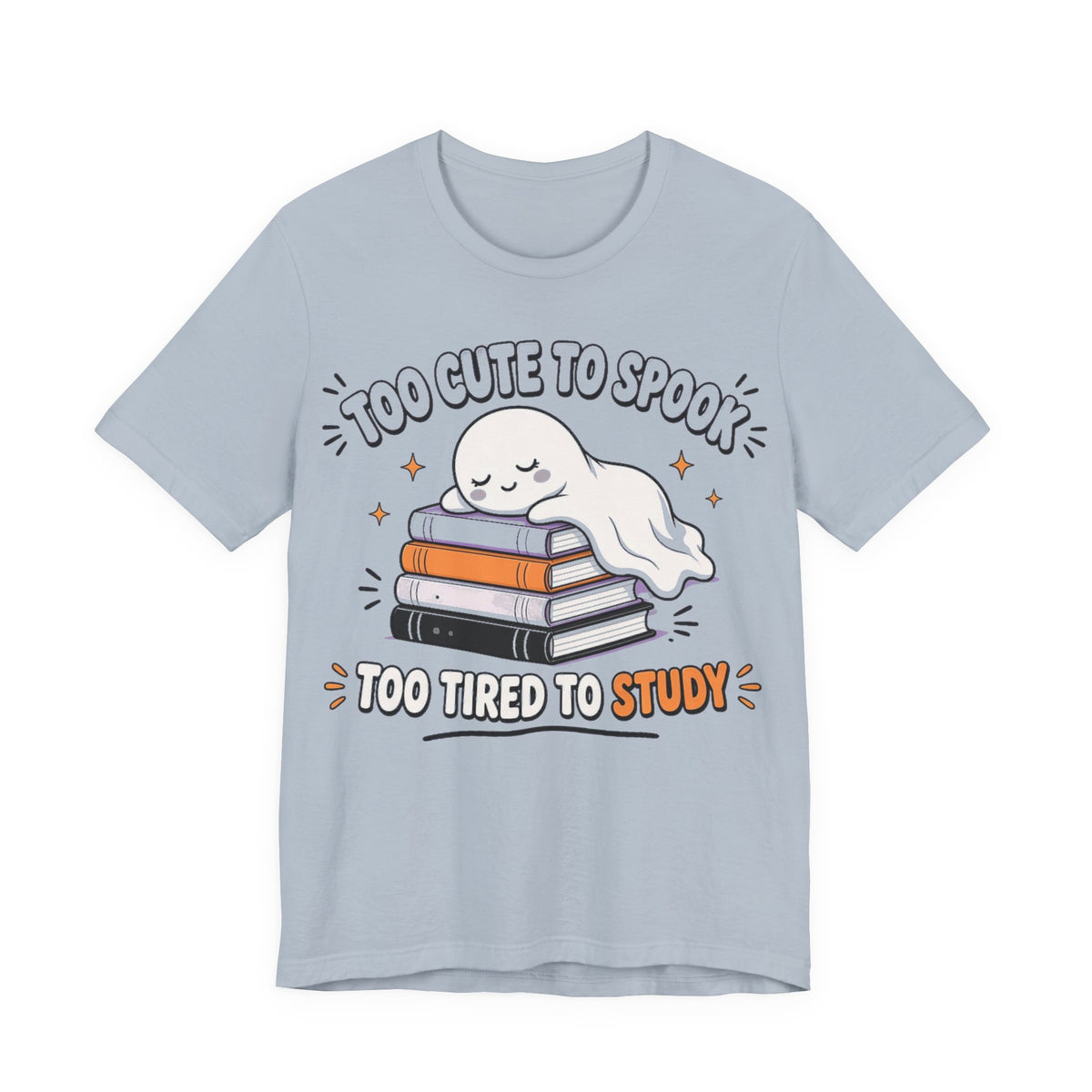 Light blue ghost graphic T-shirt with stacked books and smiley face print