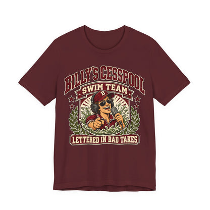 Maroon crewneck swim team T-shirt with large vintage graphic at center