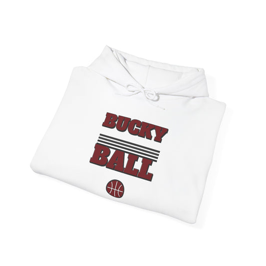 White folded Bucky ball hoodie with Bucky Ball graphic and hood drawstrings