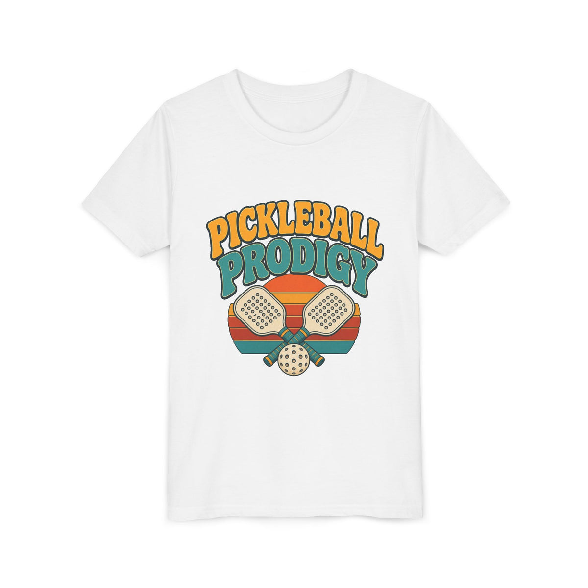 Kids white pickleball tee with colorful "Pickleball Prodigy" graphic and paddles