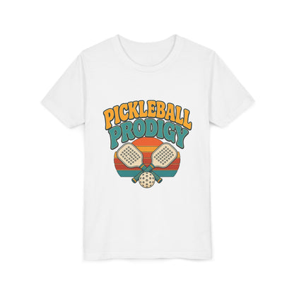 Kids white pickleball tee with colorful "Pickleball Prodigy" graphic and paddles