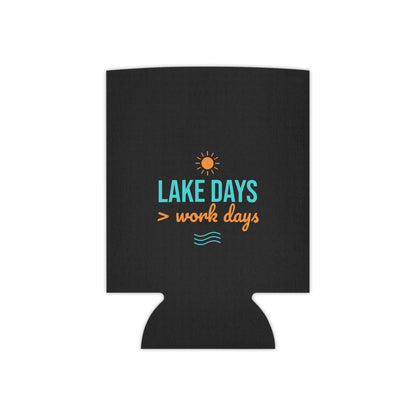 Black can koozie with centered Lake Days > work days design and teal wave lines
