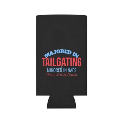 Black can cooler showing “Majored in Tailgating” with blue and red lettering
