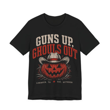 Black graphic tee with cowboy-hat skull and “Guns Up, Ghouls Out” front print